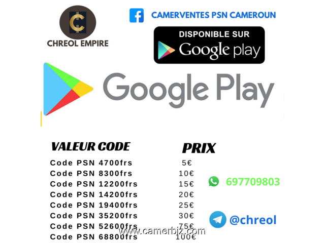 CHREOL EMPIRE vente des code PSN& PSN+ PlayStation Eshop Network Au Cameroun - 16281