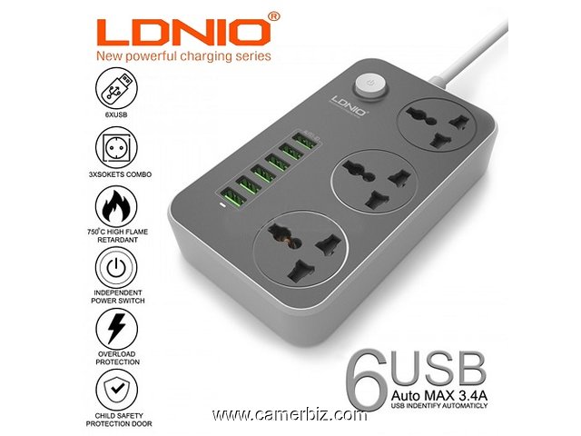 LDNIO Rallonge Avec 6 USB Port Système de Charge Rapide + 3 prise de courant Original! États Unis! - 3146