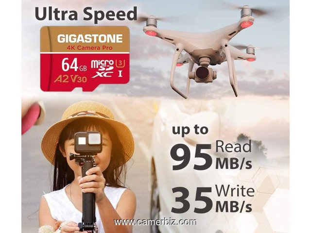 Carte memoire Micro SD 64 Go Gigastone avec adaptateur - Caméra 4K Pro et drones - Classe 10 U3 V30 - 32442