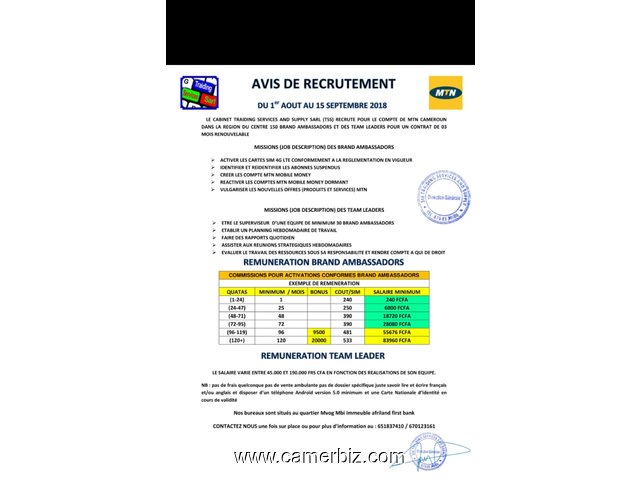 Recrutement de 150 brand ambassador mtn à yde - 3267