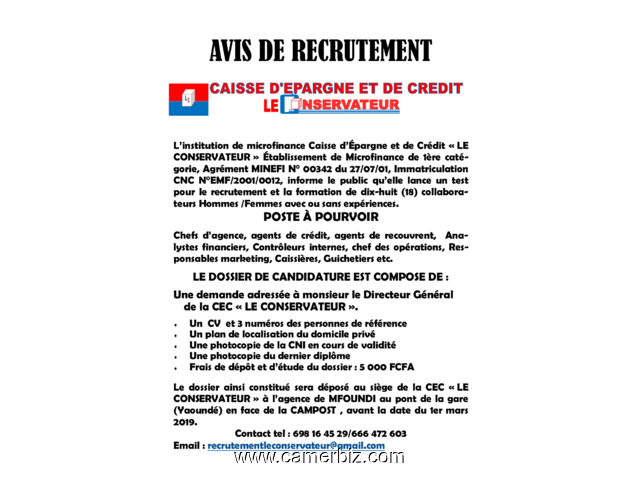 Avis de recrutement Microfinance: LE CONSERVATEUR RECRUTE - 4492