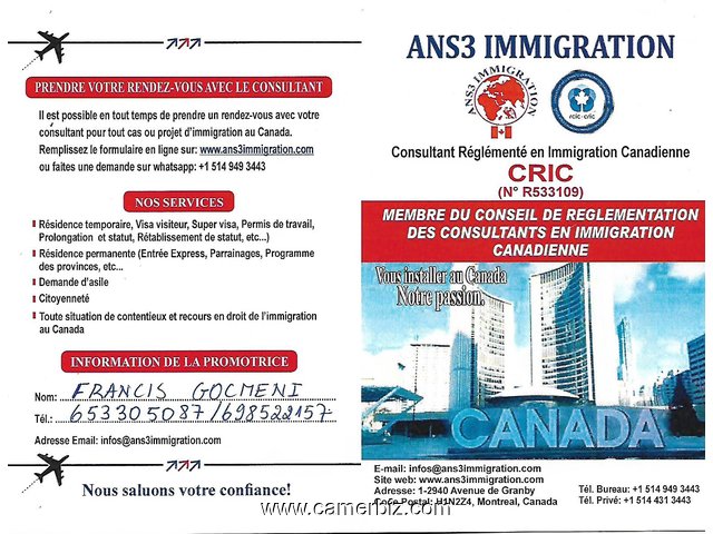 IMMIGREZ POUR LE CANADA A PRIX CONCURENTIEL(VISA ETUDE, TRAVAIL, TOURISME) - 9719